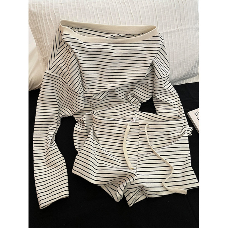 [Taobao Same Style] Striped Slant Shoulder Pajamas Women's Spring and Autumn 2025 plus size Long Sleeve Shorts Home Wear Cover