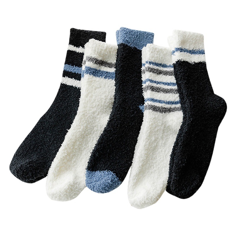 Men's Coral Fleece Socks Autumn and Winter fleece-lined Thickened Middle Barrel Striped Thickened Men's Home Floor Socks Warm Sleep