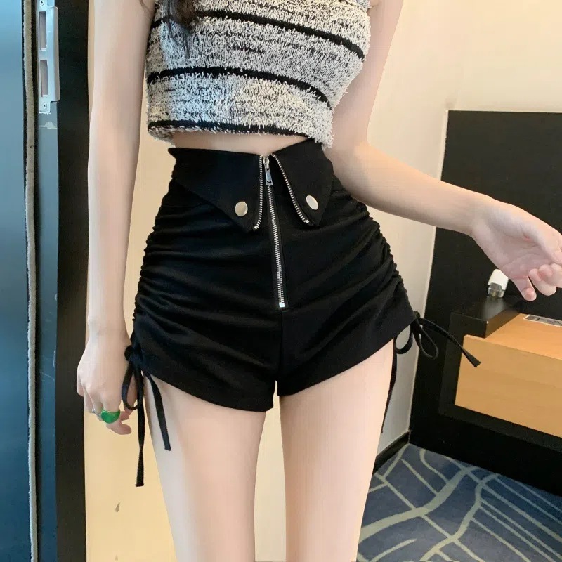 Summer New Popular Large Size Wide Pants for Chubby Girls Women's High Waist Slimming Drawstring A- Line Shorts Black Casual Hot Pants