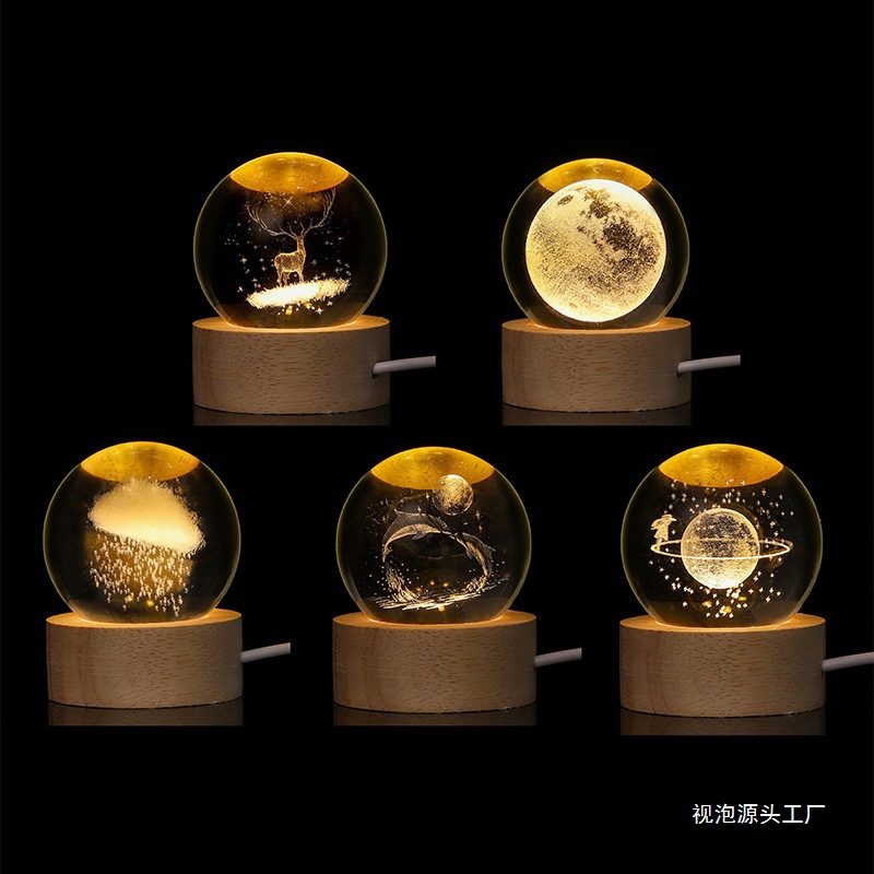 Creative Internally Carved Luminous Crystal Ball with Various Patterns, Direct Charging Night Light, Warm Color Lighting, Desktop Ornaments, Gift Viewing Bubbles