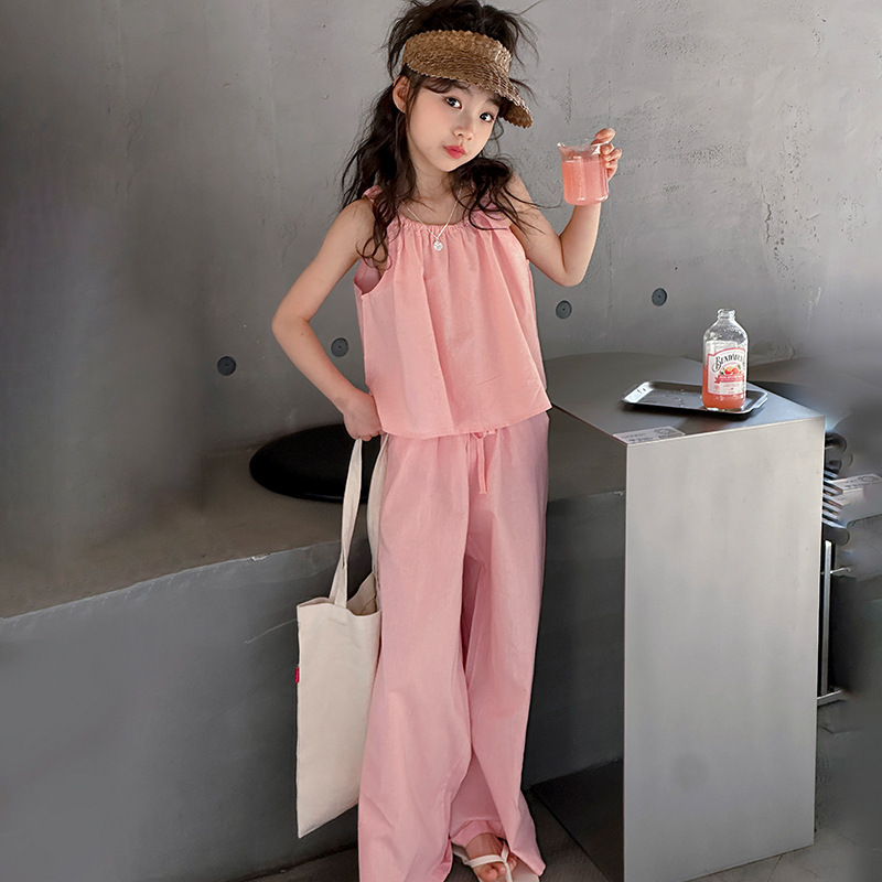 Picture of Girls Summer suit Children's Wear New Sling Top Wide Leg Straight Pants Korean Style suit Big Children Thin Two-piece Set
