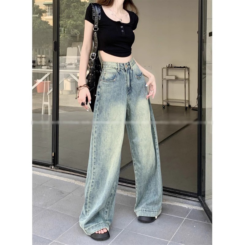 Vintage Slim Look Dad Pants Summer New Arrival High Waist Loose Jeans Women's Wipe Wide Leg Pants Trendy Pants