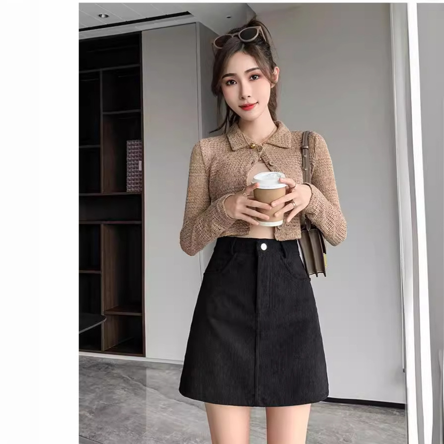 Trendy brand corduroy skirt women's autumn and winter 2024 new high waist retro A- line hip half skirt