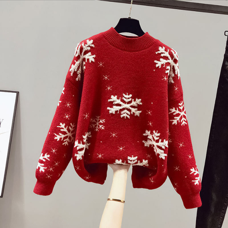 2022 Cross-border Sweater European and American Knitted Sweater Snowflake Towel Embroidered Half-turtleneck Long Sleeve Women's Theme Christmas Sweater