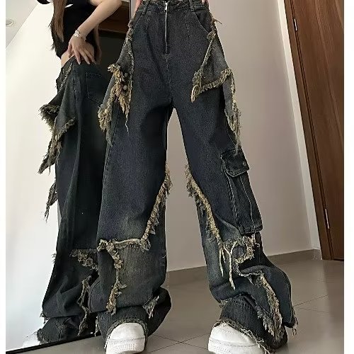 American Style Retro Loose Slim Look Jeans Women's Spring Design Sense Rust Mop Trousers Straight Leg Wide Leg Trendy