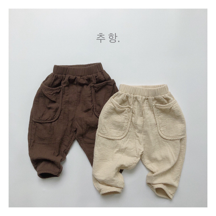 South Korea children's clothing autumn and winter children's cotton and linen trousers for boys and girls bubble striped pull edge large radish pants vintage casual pants