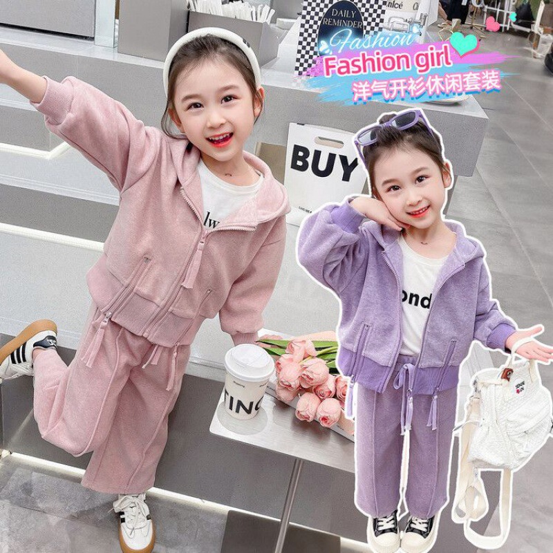 Girls' autumn clothing suit children's long-sleeved hooded jacket wide-leg pants student autumn sportswear two-piece suit