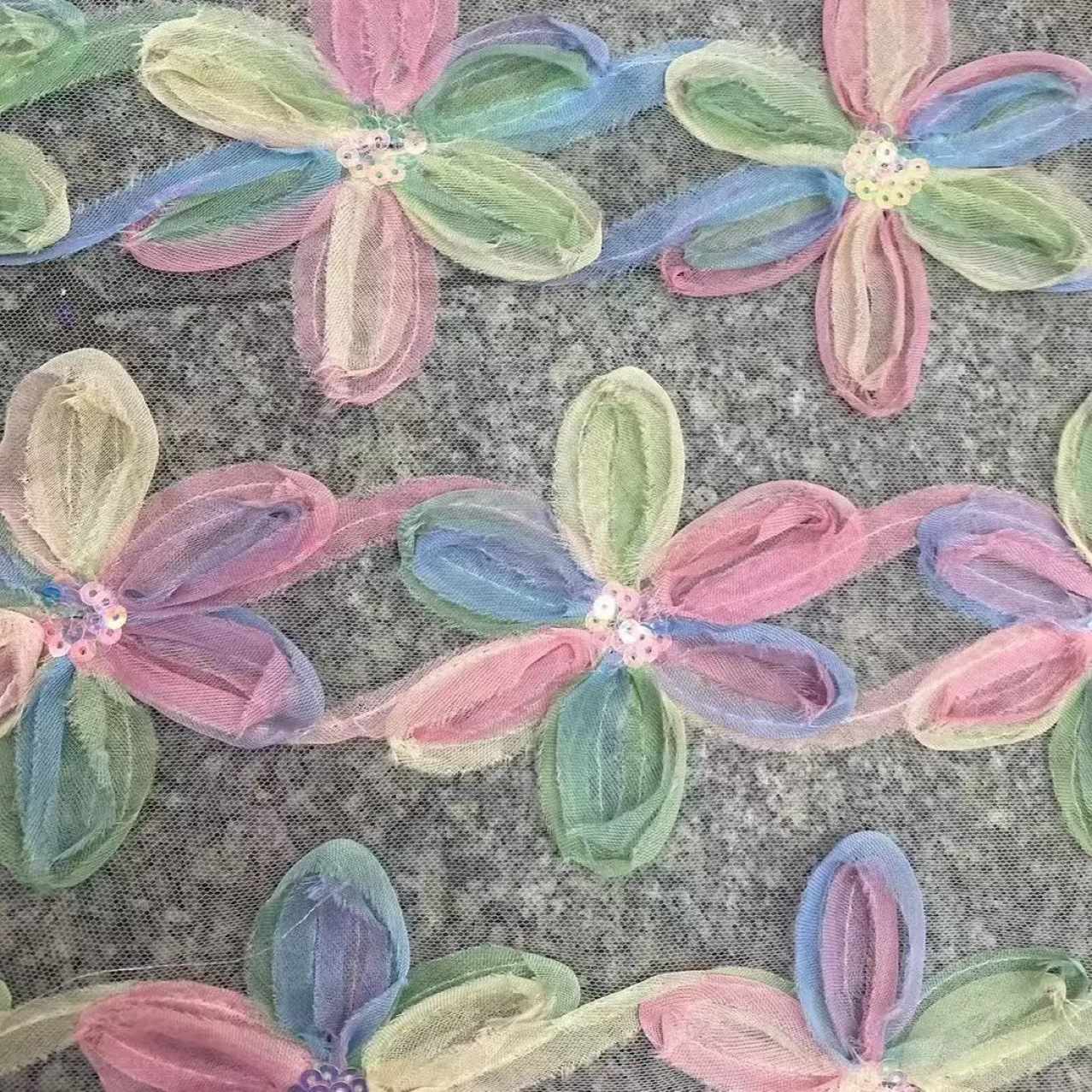 Fashion Three-Dimensional High-End Ribbon with Colorful Gradient Mesh Sequin Lace Fabric, Embroidery Fabric, Multi-Color Fabric