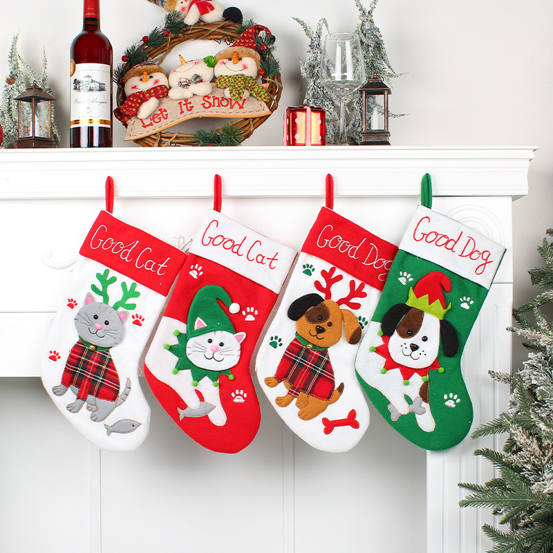 Hong Kong Love New Cute Cat and Dog Christmas Socks Cartoon Christmas Socks Pendant Christmas Tree Gift Bag Decorative Socks