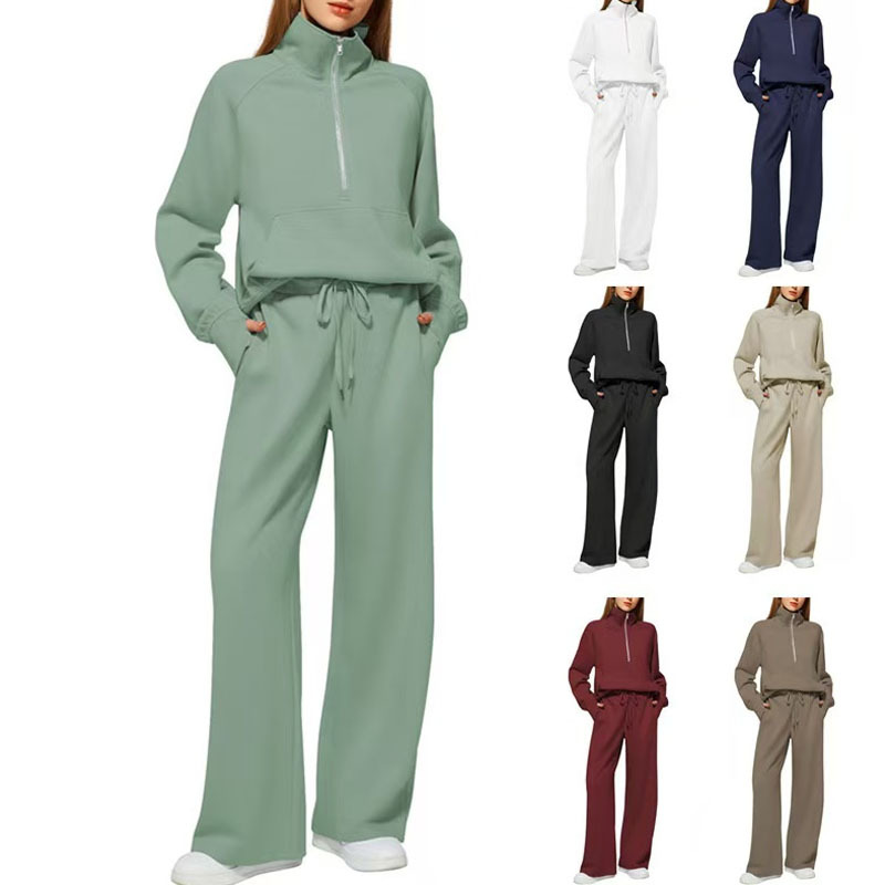 European and American Amazon Women's Two-Piece Half-Zip Sweatshirt Wide-Leg Sports Pants Casual suit Women