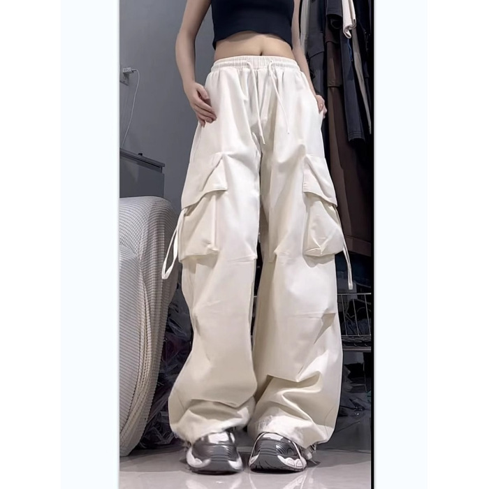 Picture of American retro quick-drying overalls women's three-dimensional pocket high waist straight wide leg ribbon loose casual mopping trousers