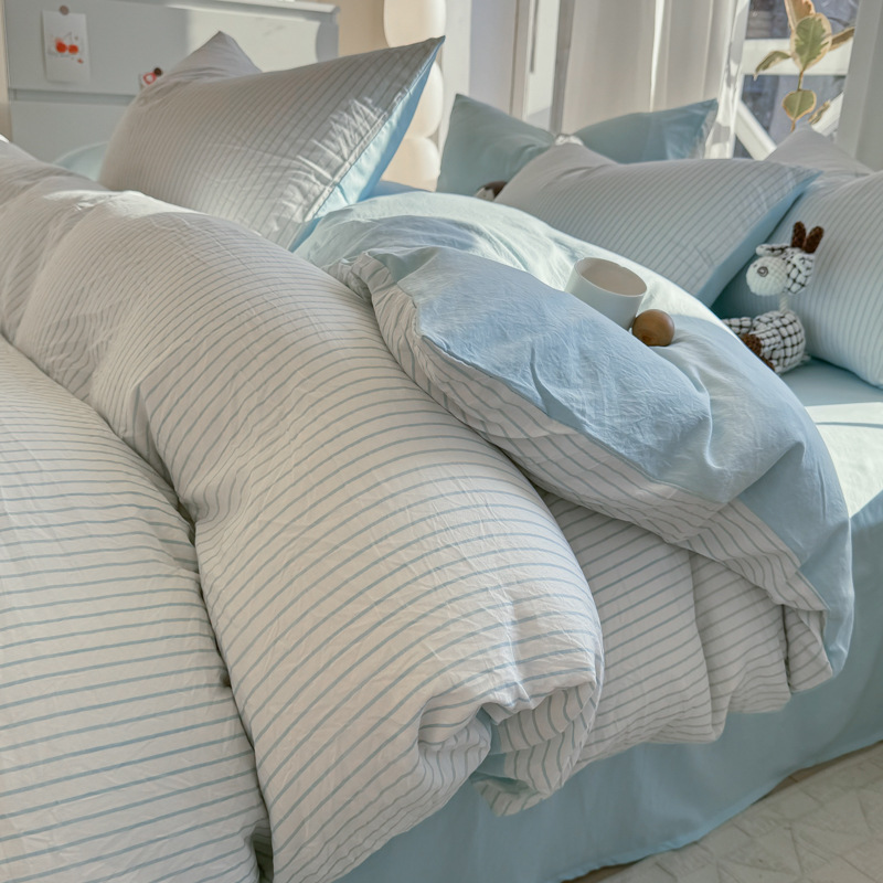 Ins Style Stripe Washed Cotton Bed Four-piece Set Skin-friendly Naked Sleeping Bed Sheet Quilt Cover Bed Hat Student Dormitory Three-piece Set