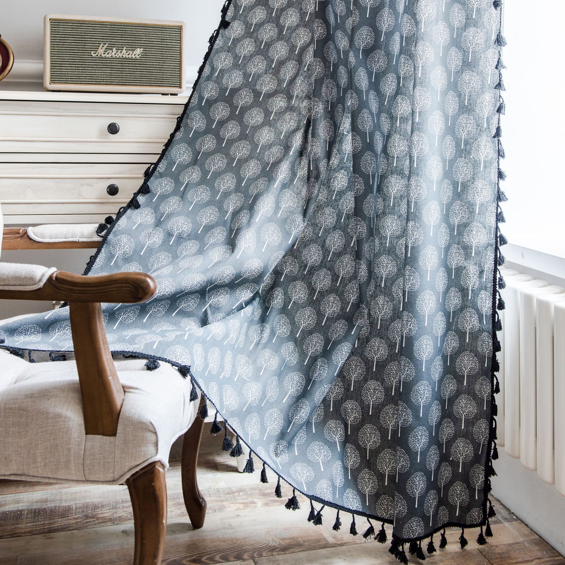 Curtain finished small tree printing black tassel American small window kitchen curtain cotton and linen semi-shading bay window monolithic manufacturers