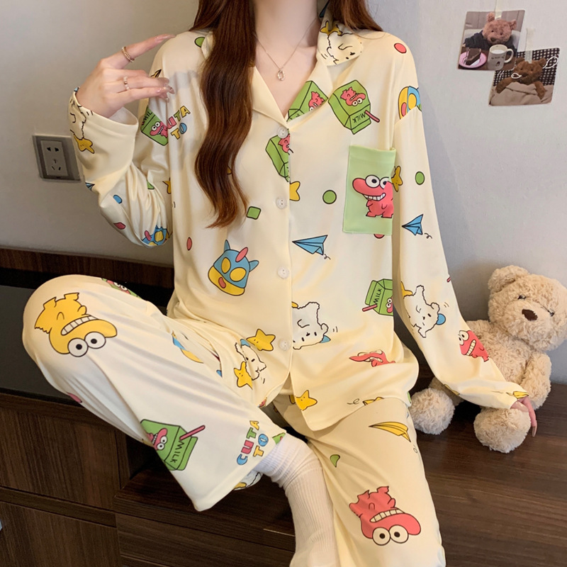 Picture of New Ins Pajamas for Women Simple Stripesd Internet Celebrity Long-Sleeved Cardigan Girl Korean Version Thin Home Wear Set Wholesale