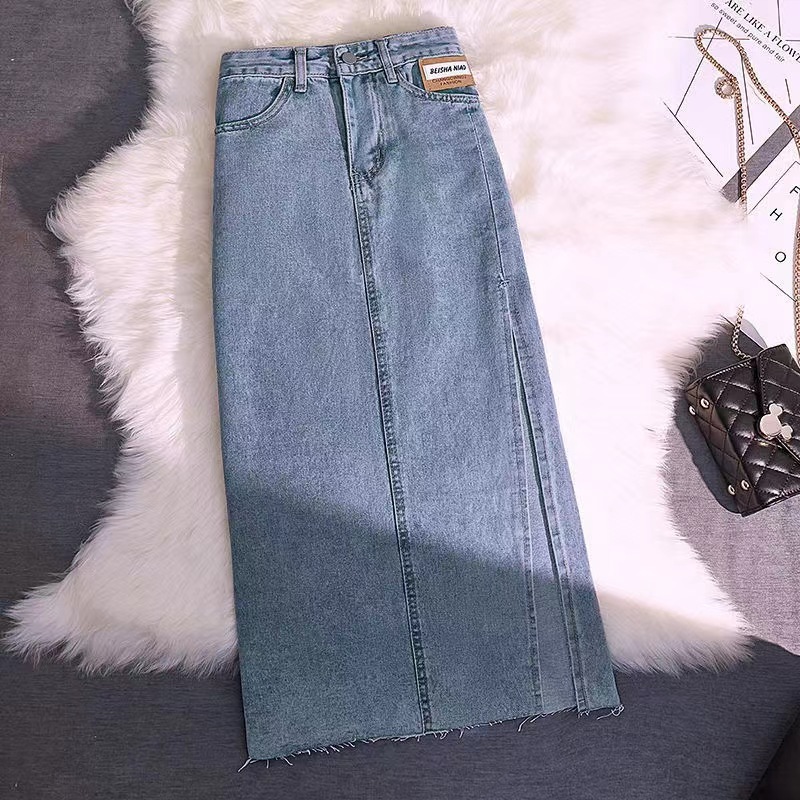 Split skirt women's autumn and winter high waist straight 2023 new small sheath A- line midi denim skirt