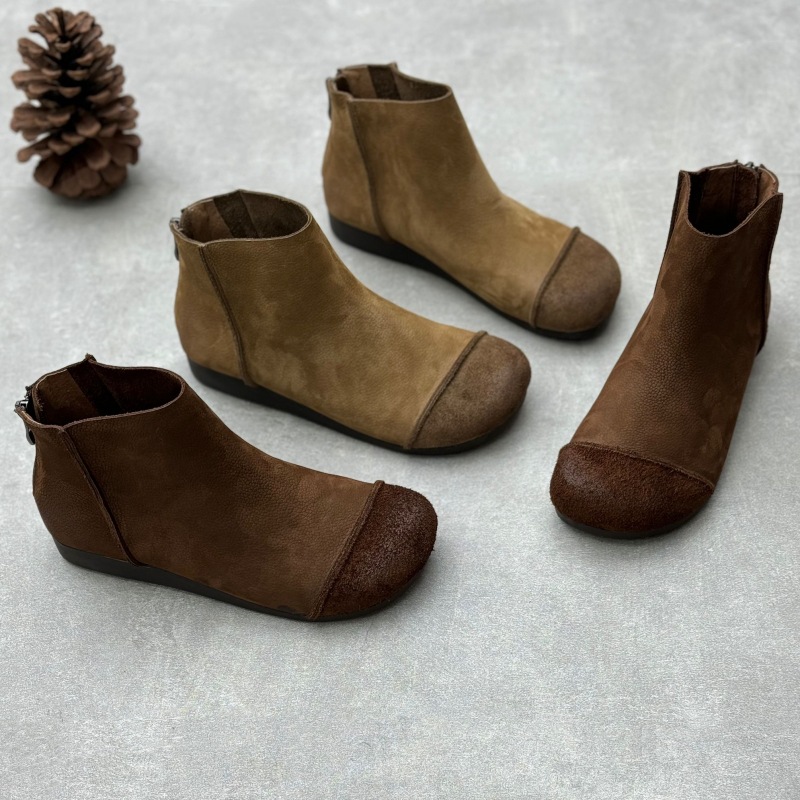 Vintage Genuine Leather Women's Short Boots, Autumn and Winter 2025 New Style, Artistic Handmade Round-Toe Flat-Soled Cowhide Women's Single Boots, Granny Boots