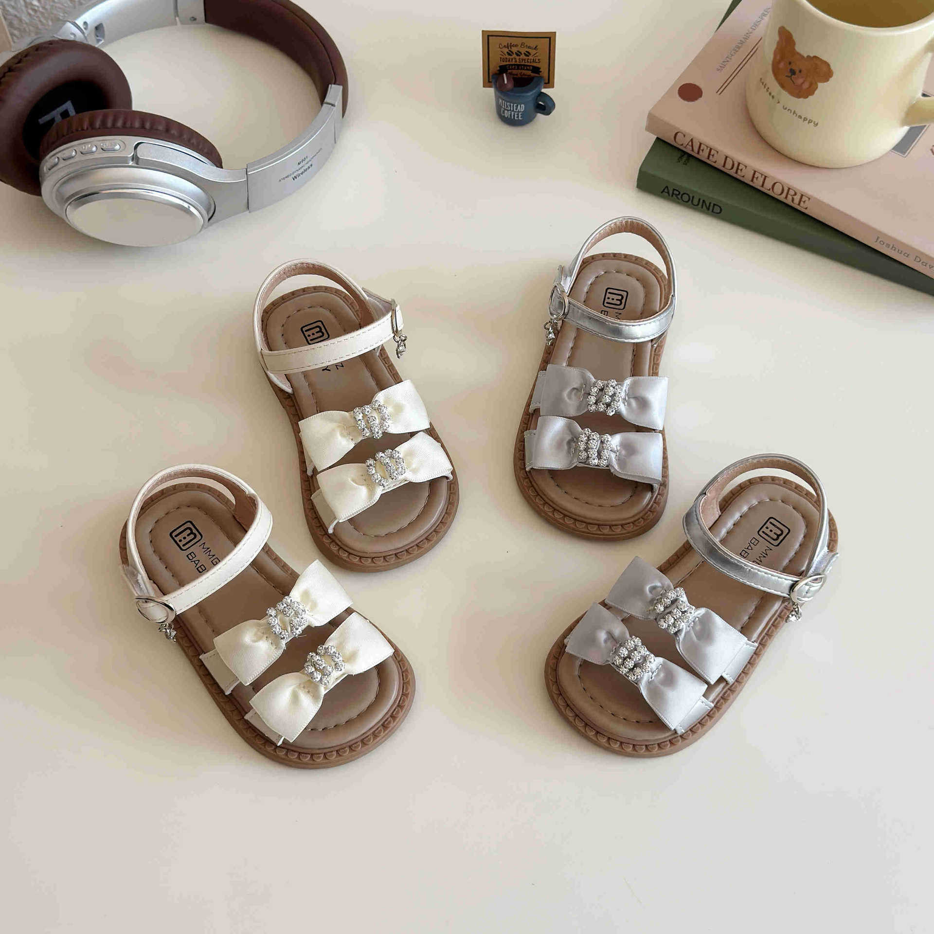 Children's Open Toe Sandals 2025 Summer New Girl Rhinestone Bow Shoes Korean Style Baby Girl Princess Shoes