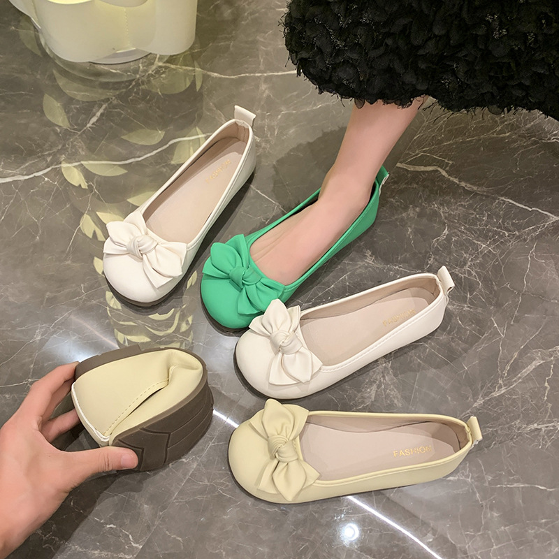 French Bow Small Flats for Women 2023 Summer New Style Soft-Soled Beanie Shoes Shallow Mouth Granny Shoes Flats Soles