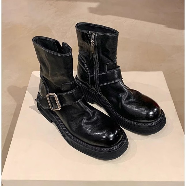 Grape Mom Same Washed Horse Leather Round Head Thick Heel Motorcycle Boots Belt Buckle Leather Mid-Heel Boots Women's Autumn and Winter