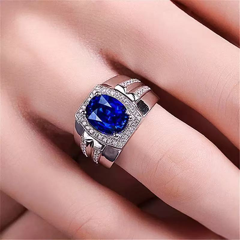 Picture of Hot Sold to Diamond Blue Diamond Men's Ring Myanmar Imitation Natural Sapphire Ring Plating 18K Gold Inlay Popular Ring