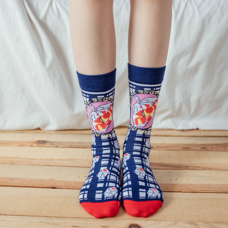 Picture of OLITA French Illustration Cartoon Artistic Plaid Women's High-rise Japanese Style Retro Casual Cute Socks Ins Trendy