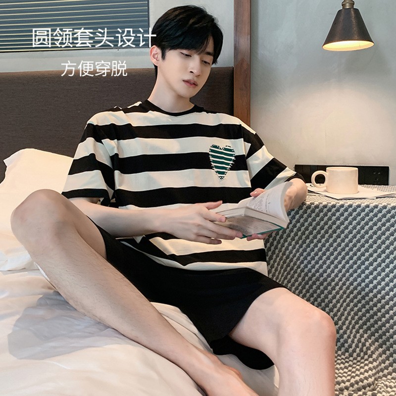 Men's Pajamas Summer Short-sleeved Loose Simple Thin Casual Students Youth Summer Home Clothes suit Outer Wear
