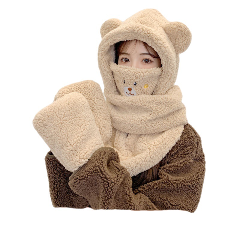 Picture of Autumn and Winter New fleece-lined Furry Lei Feng Hat Women's Bib Hat One-piece Cap Thickened Bear Ear Cap