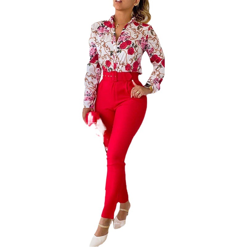 European and American Foreign Trade Women's Cross-border New Casual suit Printed Collar Long Sleeve Shirt Top Trousers Two-piece Set