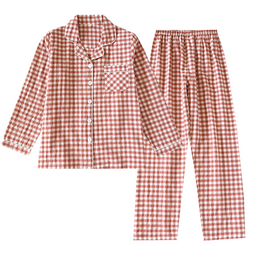 Japanese Style Plaid Couple Pajamas Women's Spring and Autumn Pure Cotton Cotton Thin Summer Men's Autumn and Winter Long Sleeve Home Suit