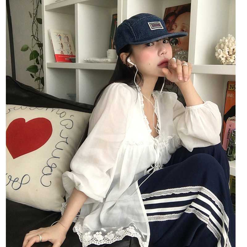 Picture of Chic Korean Style Thin Sun Protection Spliced ​​Lace Cardigan Lace-Up Shirt