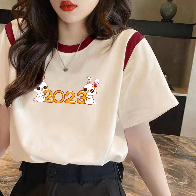 Cotton Summer Niche Women's Shoulder Short-sleeved T-shirt Loose plus size Cotton T-shirt Shoulder Contrast Printed Top