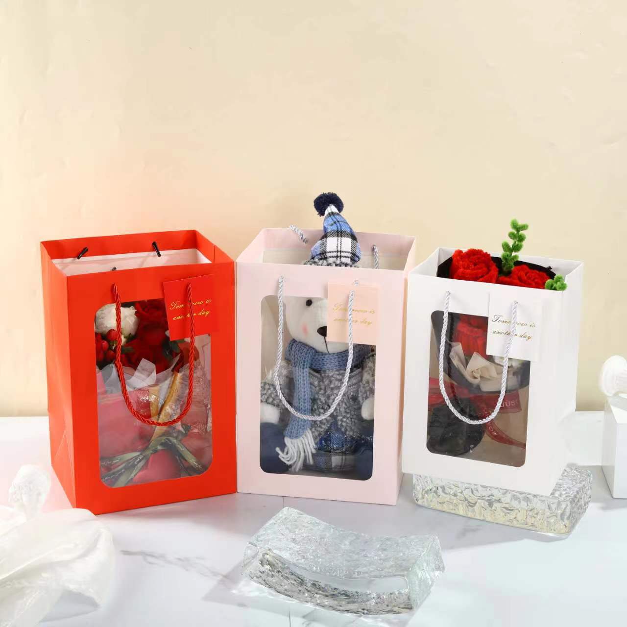 Picture of New Chinese Valentine's Day Flower Tote Bag Bouquet Packaging Gift Bag Transparent Window Tote Bag Wholesale