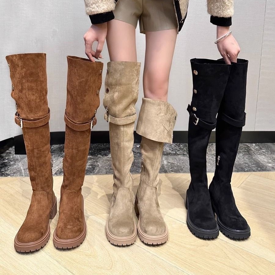 2025 New Korean Style Brown Two-Way Wear Melard Suede High Boots with Soft Soles That Are Comfortable and Not Tiring for the Feet, Riding Boots