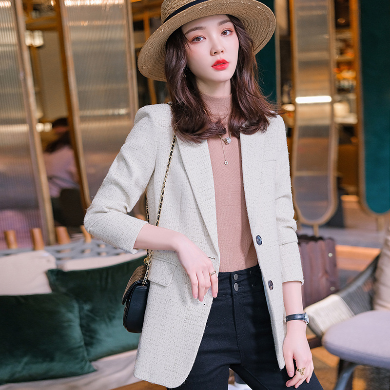 Picture of Autumn and winter leather temperament commuter blue Korean single-breasted suit collar solid color viscose thin temperament clothing