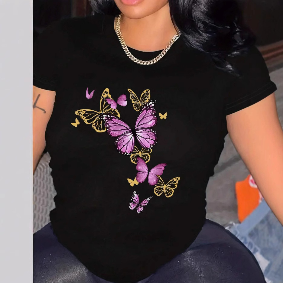 European and American Cross-border Summer Round Neck Casual American Fashion Elegant Butterfly & Personality Letter Printed Short-sleeved T-shirt Top