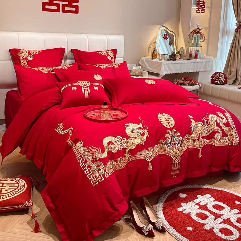 Picture of High-end Chinese Dragon and Phoenix Embroidery Fashion Wedding Four-piece Wedding Big Red Bed Sheet Quilt Cover Accompanying Bedding