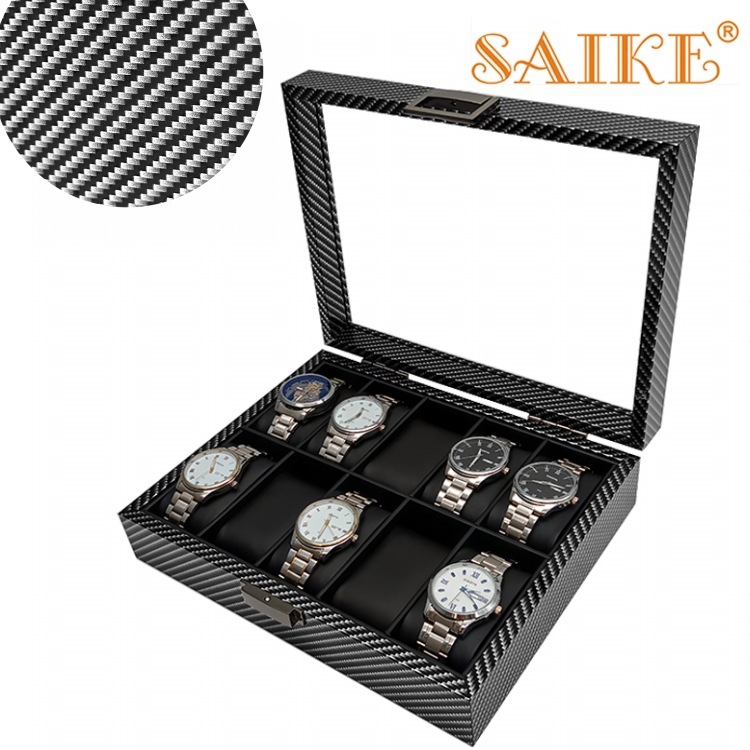 in stock Supply Carbon Fiber Pattern Wooden 10 Watch Storage Collection Display Box 10 Watch Storage Wooden Box