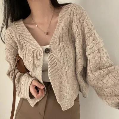 Korean chic Autumn and Winter New Vintage V-Neck Linen Pattern Design Long Sleeve Short Knitted Cardigan Sweater Coat Women