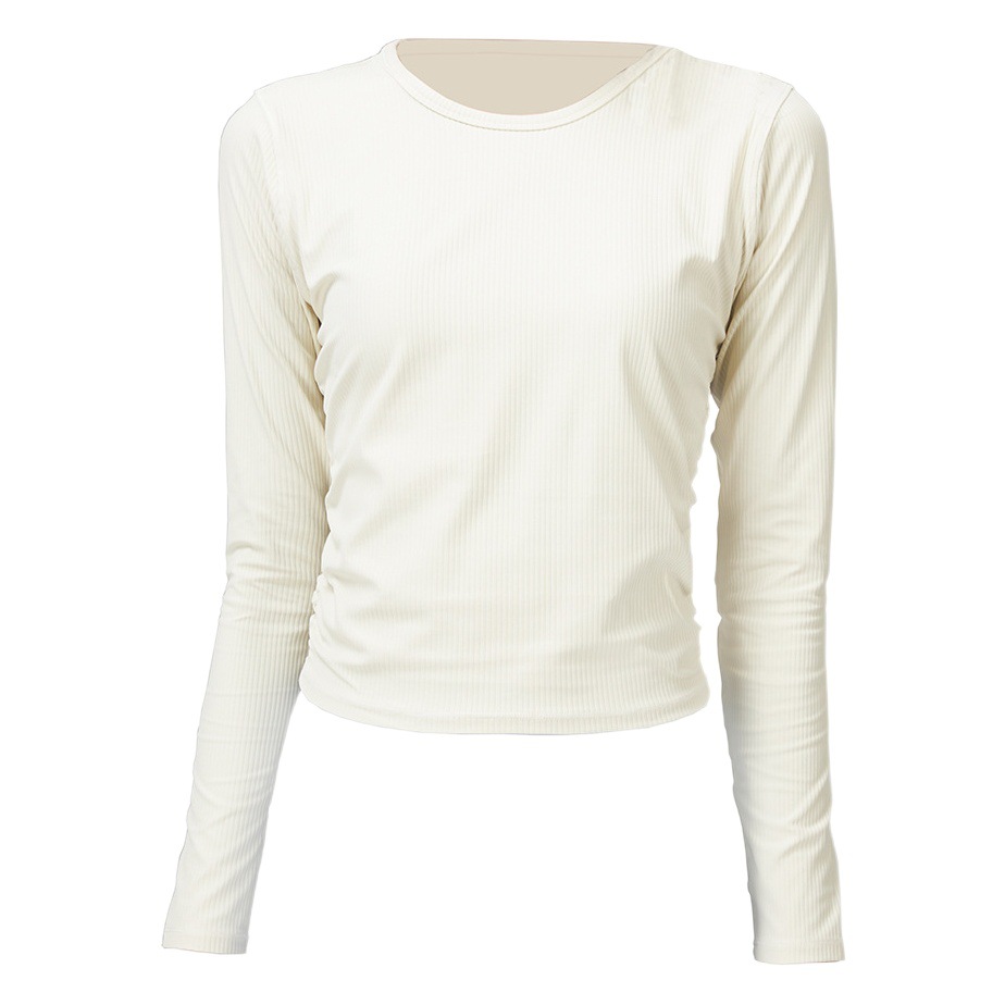 New Autumn and Winter Round Neck Threaded Long-Sleeved Women's Pleated T-Shirt Waist Bottoming Shirt Top Sports Fitness Yoga Wear