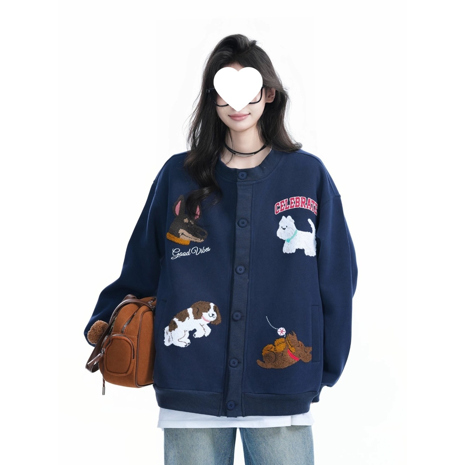 Navy blue towel embroidered cartoon animal jacket women's spring new loose Japanese jacket trendy gray