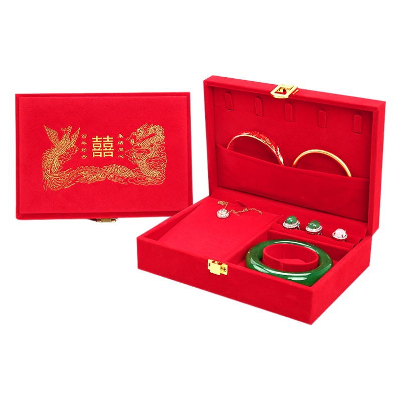 Red Wedding Jewelry Box Gift three gold box ring necklace bracelet jewelry storage box Longfeng Chengxiang jewelry box
