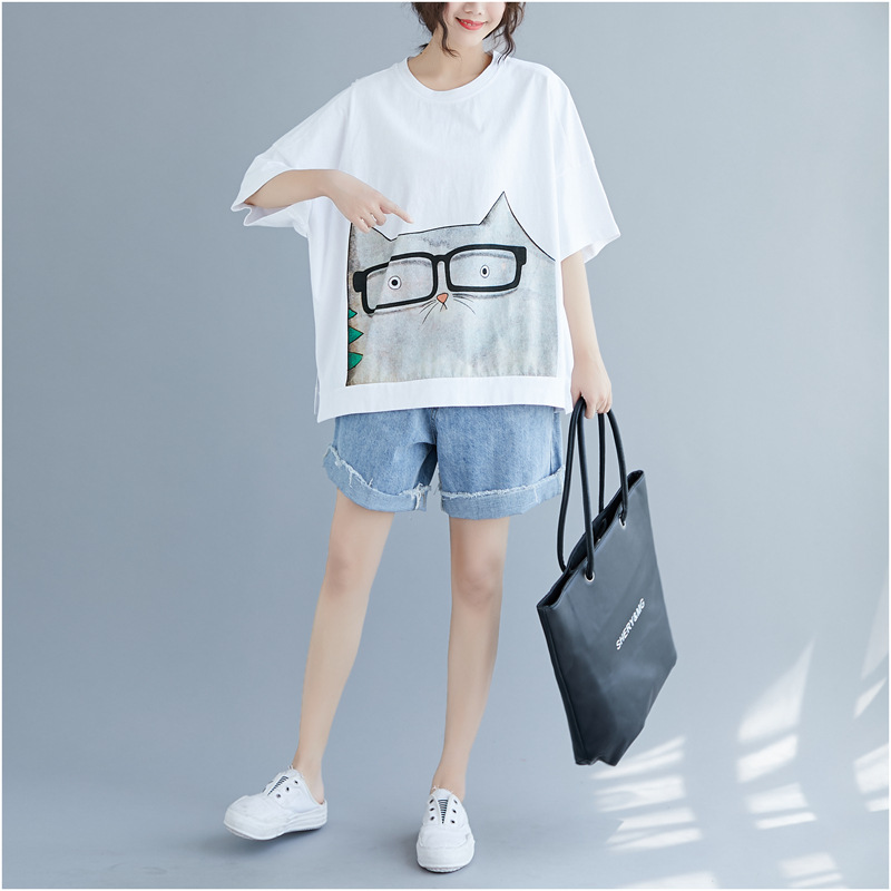 Picture of Small Fresh Plus Size Women's Clothing Cute Cartoon Print T-Shirt 2024 Fat mm Loose and Comfortable Simple Round Neck Top Summer