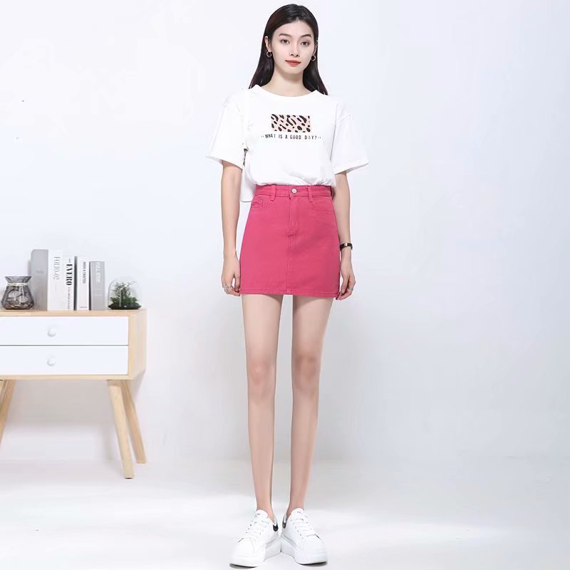 Rose Red Denim a-line skirt for women 2024 Summer high waist belly covering slimming small sheath short skirt