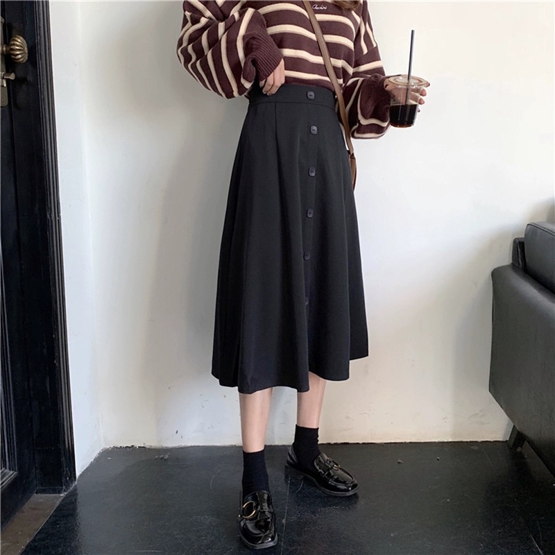 2023 Autumn and Winter New High Waist All-match Color Front Buckle Slimming Mid-length Skirt Black Skirt Short Skirt A- line Skirt for Women