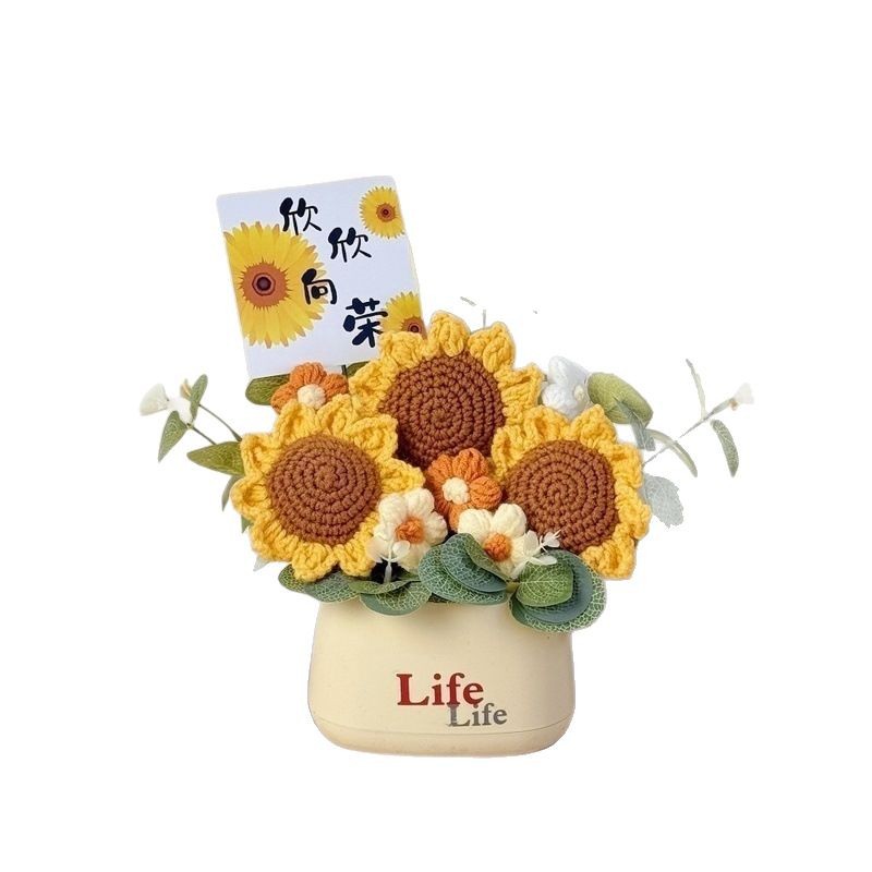Picture of Creative bouquet knitted flowers diy material hand-woven potted finished desktop ornaments send goddess send mother