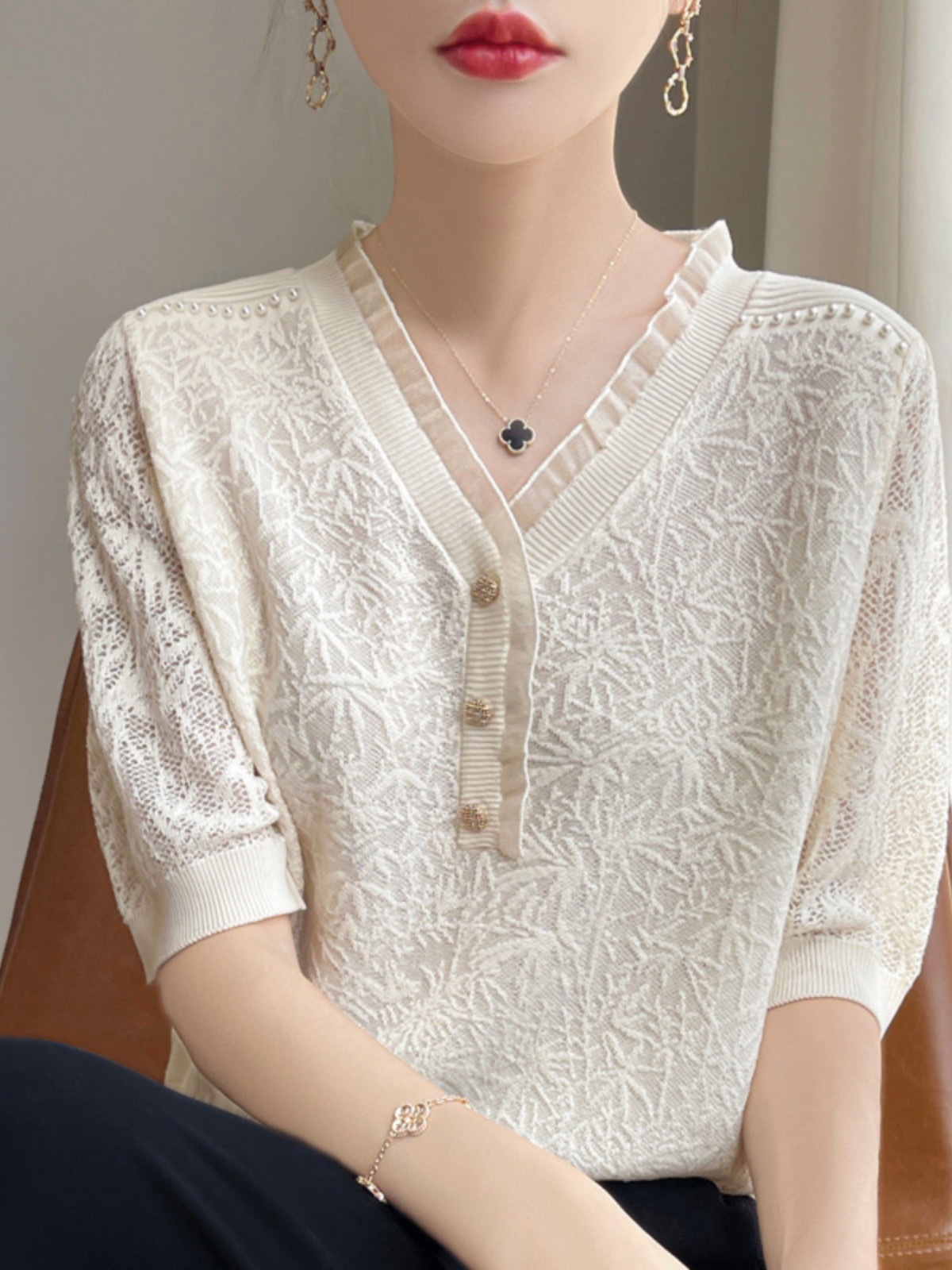 Picture of French Crochet Cut Out V Neck Beading Design Ice Silk Knitted Short-Sleeved T-Shirt for Women Casual Loose Versatile Top