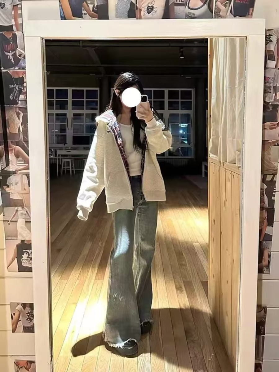 Picture of American Style Retro Plaid Hooded Sweater Women's Spring and Autumn oversize Thin Jacket Loose Lazy Style Cardigan Top