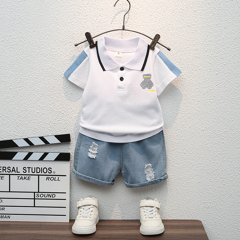 Children's Big V-neck Shirt Denim Shorts suit Summer New Children's Cartoon Bear Printed Fashionable Edition Hair