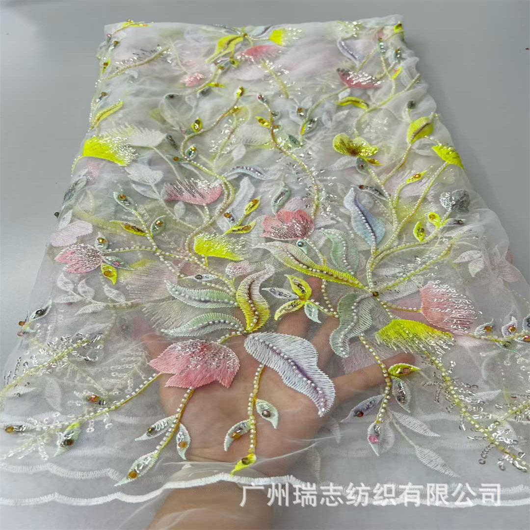 Camouflage embroidery laser floral pattern sequin bead dress embroidered cloth flowers beaded lace