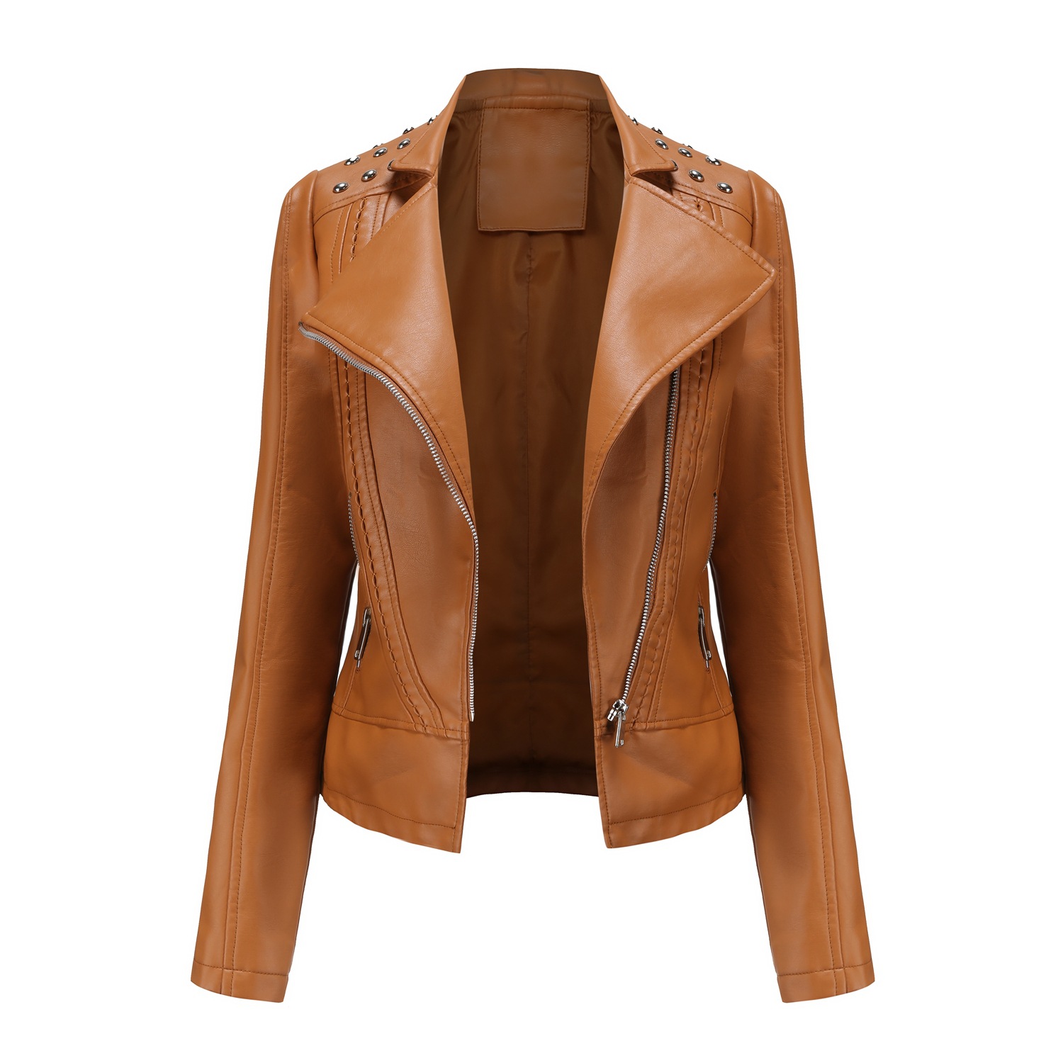 Picture of Boutique leather clothing Women Beaded Leather Jacket Lapel Spring and Autumn High-grade PU Leather Jacket